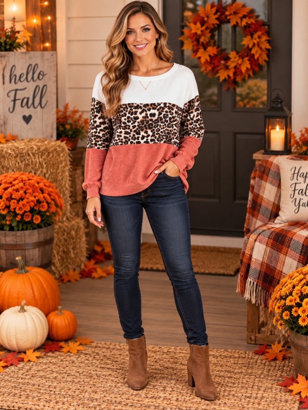 BiBi Colorblock Leopard Print Pullover — Rust, White, Brown Size XL